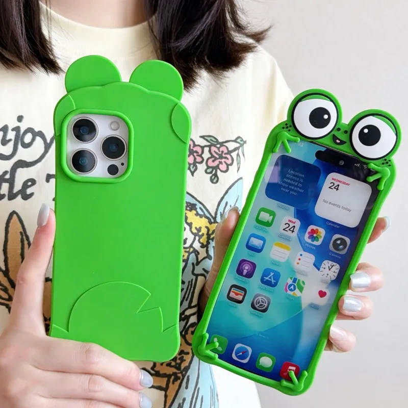3D Großäugiger Frosch Silikon Handyhülle, Lustige Vollschutz Stoßfeste Schutzhülle für iPhone 17 16 15 14 Plus 13 12 Pro Max