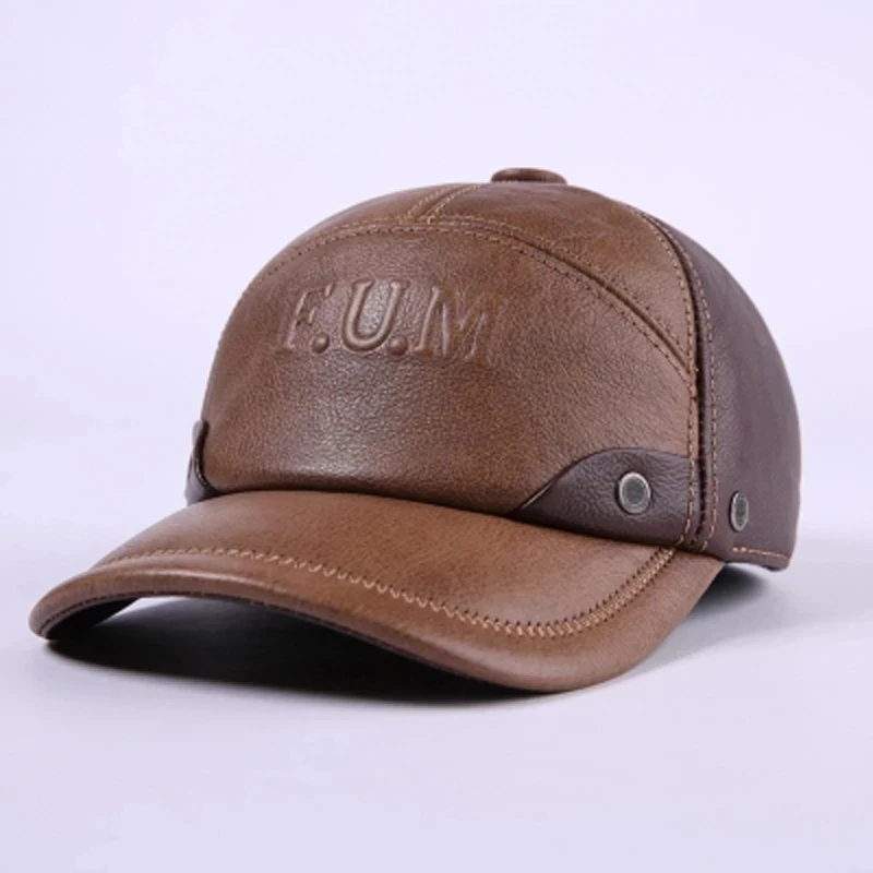 New Winter Genuine Leather Patchwork Baseball Caps For Men Warm Cowhide Golf Peaked Dome Hats Male Letters Adjustable