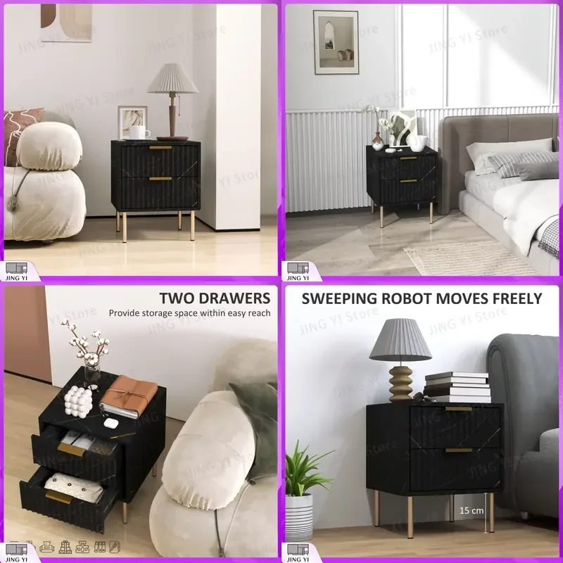 Elegant Two-Drawer Bedside Table Black Modern Nightstand for Bedroom Small Space Storage Furniture Home Office Desk Organizer