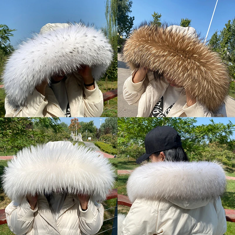 

Winter 100% Real Raccoon Fur Scarf Women Coat Hat Trim Straight Collar Fashion Hooded Warmer Natural Scarves Luxury Long Shawl