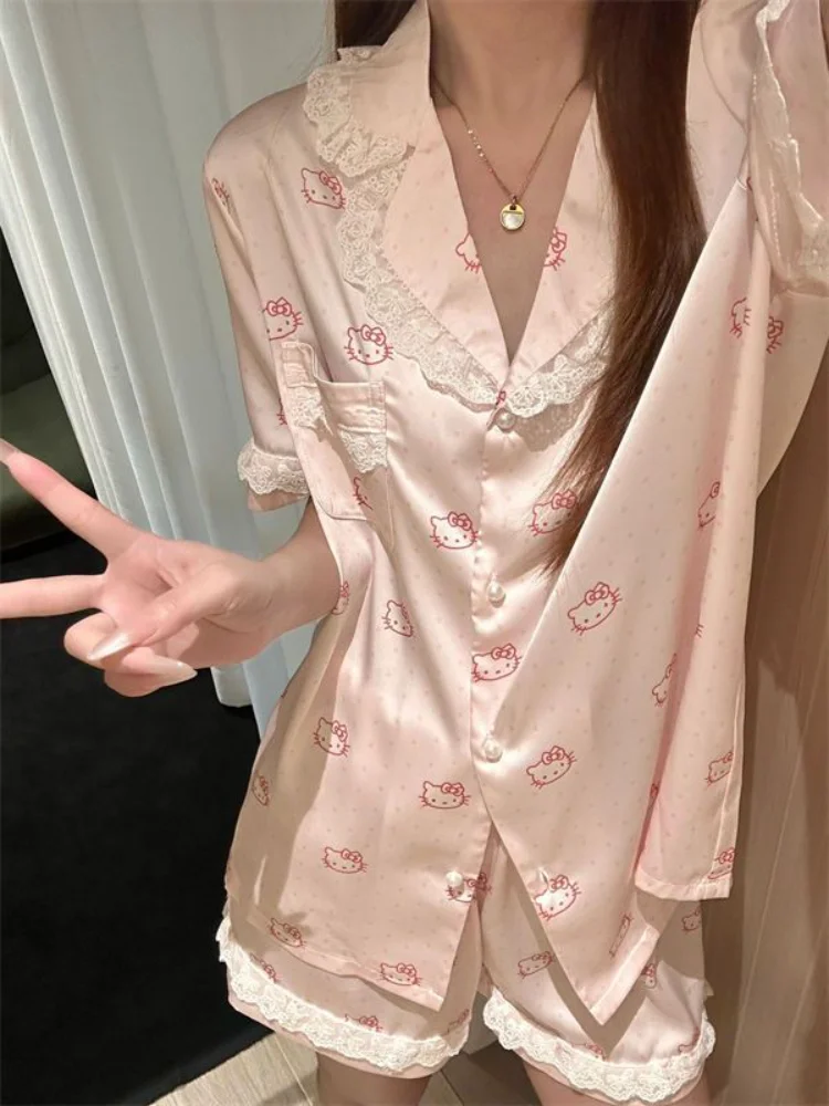 Sanrio Sexy Pajamas Set Hello Kitty Cute Pyjama Shorts Short Sleeve Sleepwear Summer Pijama Cartoon Nightgown Women Home Clothes