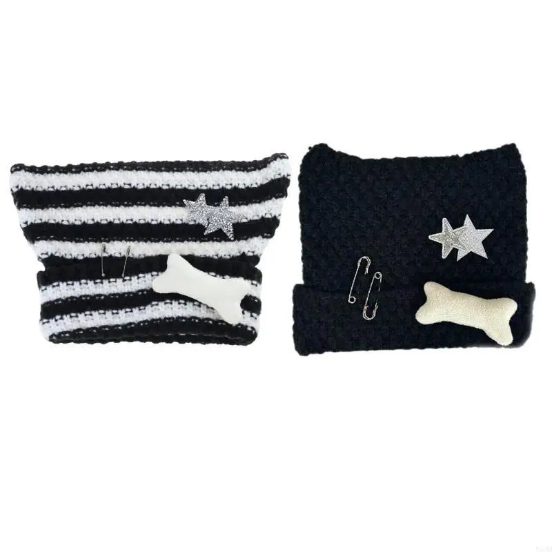 y5jd punk beanie kebknited hat ear for y2k girl hat with crocheted beanie for 2000s