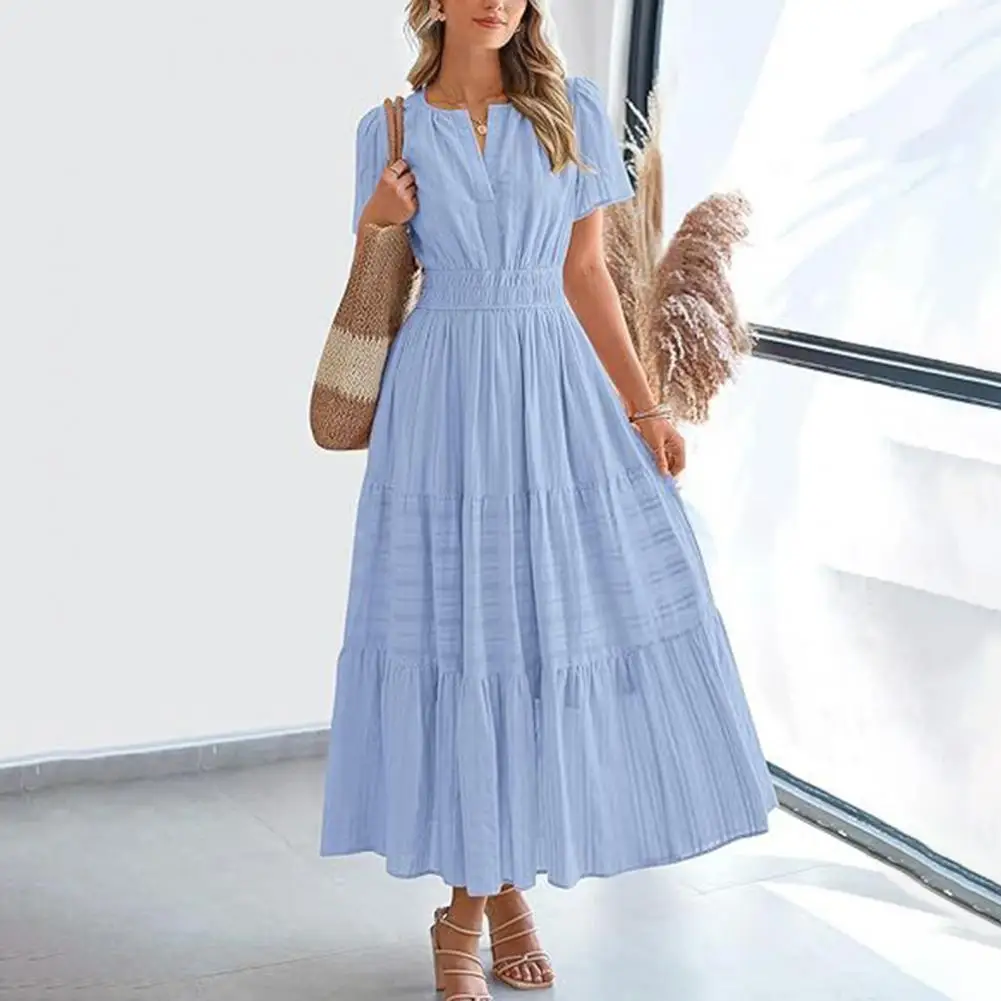 Abito dal taglio ampio Abito lungo elegante con scollo a V con vita smock Design fluido a strati Dettaglio pieghettato per donna Abito estivo da donna