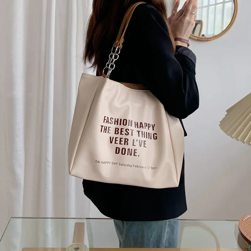 New PU Large Capacity Tote Bag Female Contrast Letters Fashion Shoulder Commuter Student Big Handbags Bags