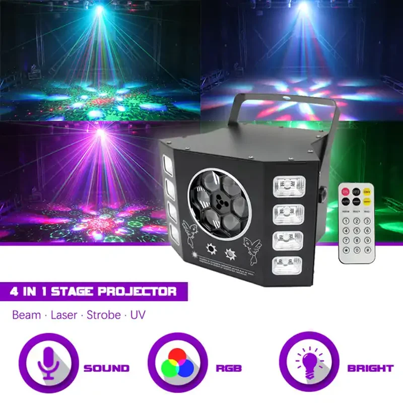 Imagem -02 - Abelha Olho Violeta Laser Strobe Efeito Luz Controle Remoto Equipamento de dj Party Club Bar Show 4in1