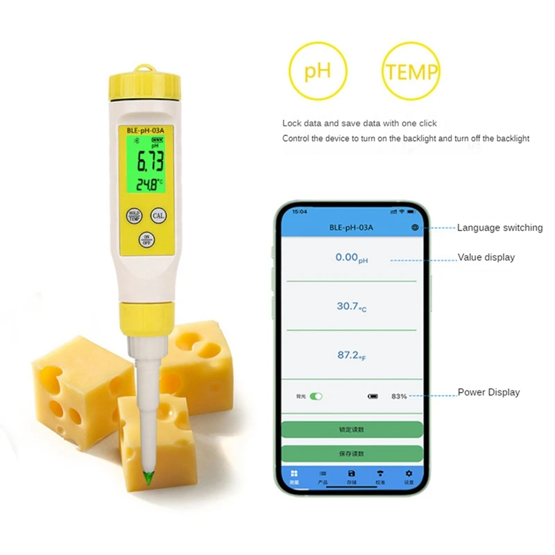 Medidor de pH digital Bluetooth com retroiluminação LCD, testador de pH alimentar, alta precisão, carne, pão e água