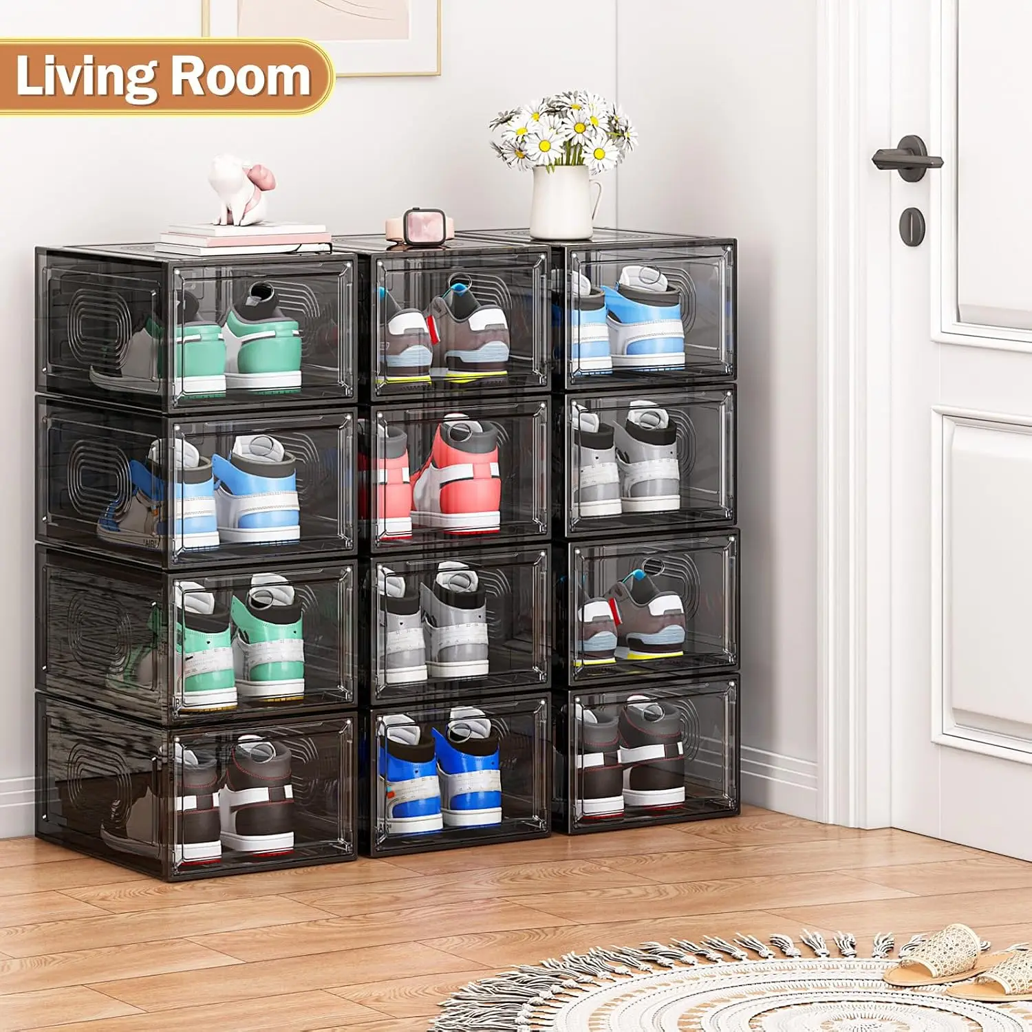 Sturdy Stackable Shoe Storage Box with Magnetic Door, Thicken Sneaker Organizer Fit US Size 12, 10 Pack, Customized