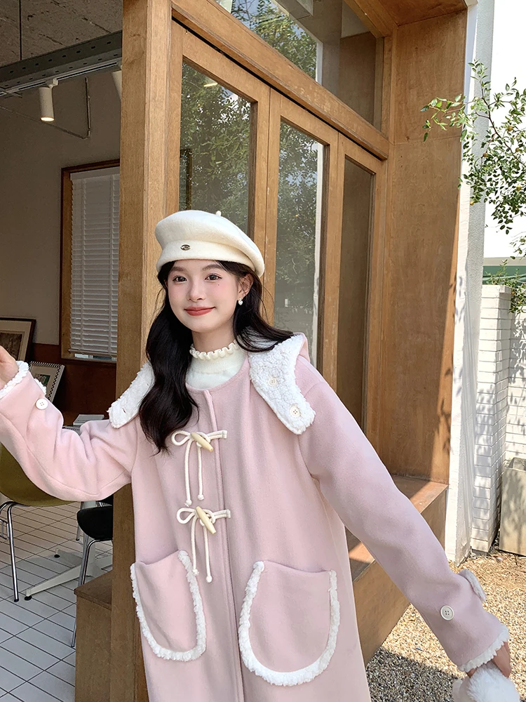 

Tokyo Annual Record JK orm розовое шерстяное пальто женское осенне-зимнее милое длинное длинное длинное пальто из овчины на пуговицах прямого кроя