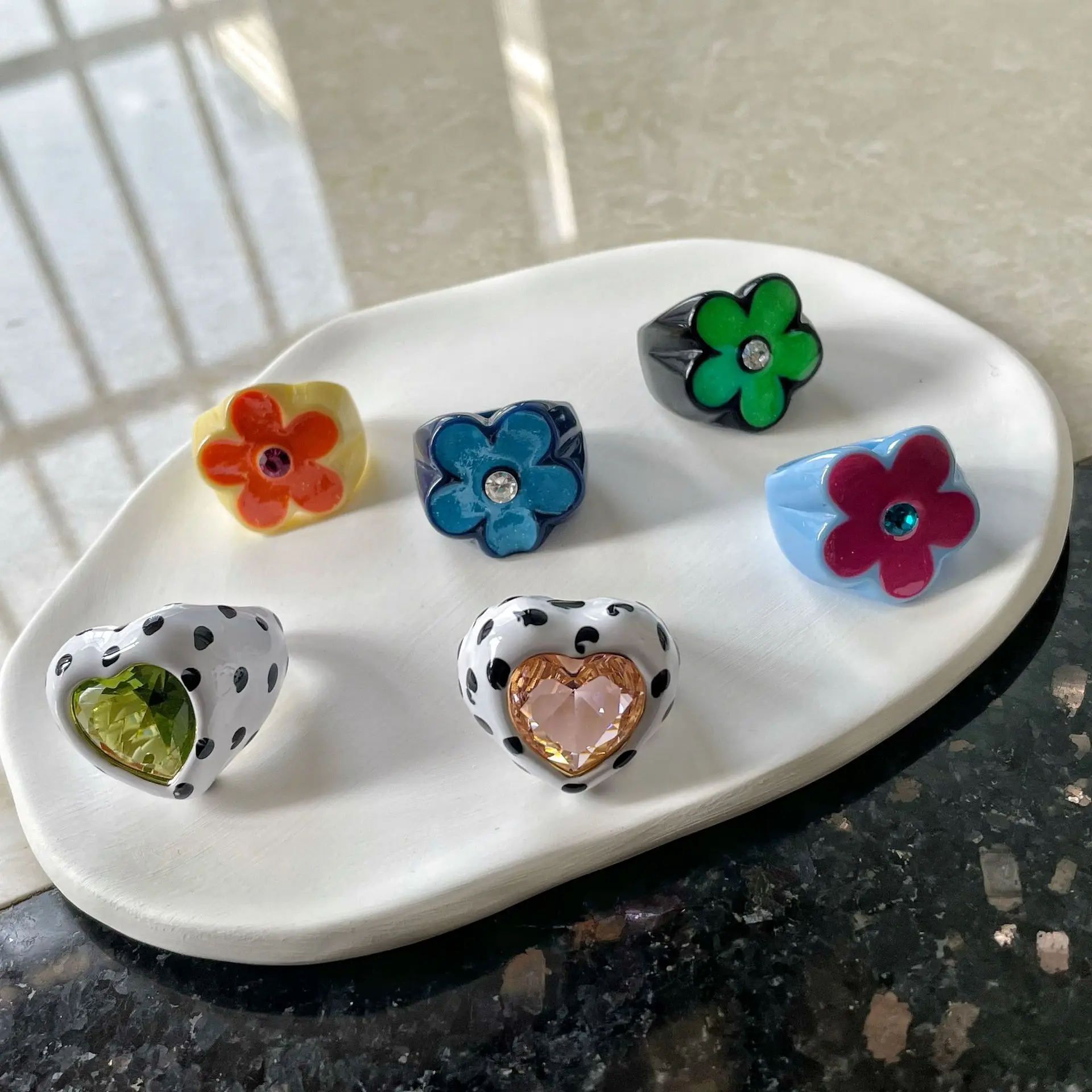 Colorful Glitter Enamel Flower Rings Fashion Floral Big Chunky Cocktail Ring for Women Girls Party Jewelry Ins Trendy New