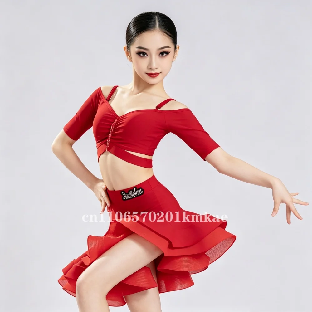 Summer Latin Dance Skirt Set for Girls ChaCha Performance Short Sleeve Dress Children Professional Competition Training Clothing