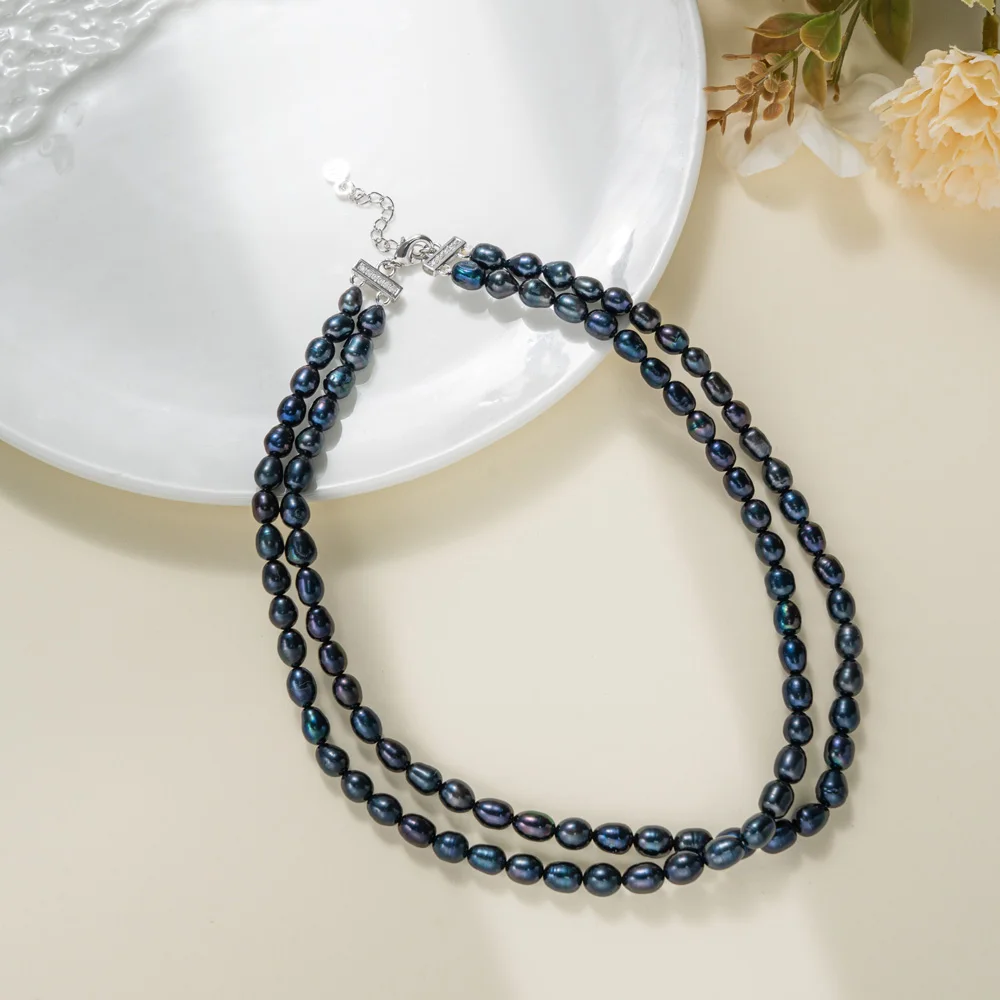 

YWYC 4-5mm Black Rice Shape Freshwater Pearl Necklaces 40cm 2 Strand Pearl Adjustable Necklaces Jewelry Gift 2025 New Arrivals