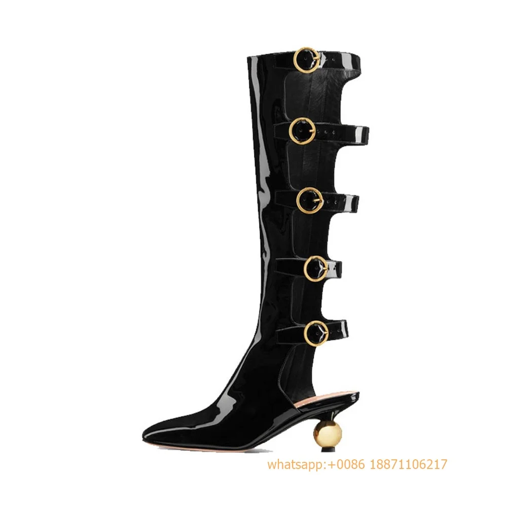 Botas romanas huecas de tacón extraño para mujer, botines de charol con hebilla de cinturón y punta cuadrada, Sexy, pasarela, color negro, moda de escenario, novedad de 2024