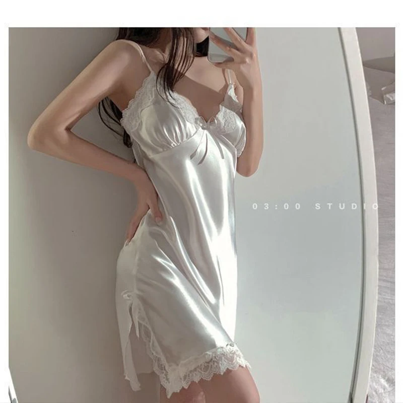 Nightdresses Women Sexy Halter Lace V-neck Sleepwear Female Sleeveless Nightwear Hot Erotic Sleep Nightdress For Ladies Nightdre