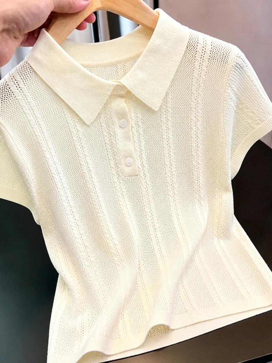 

Korean Commuter Style Neck Hollow out Knitwear Short Sleeve Versatile Anti Aging Top Atmosphere Summer 2026 Shirt
