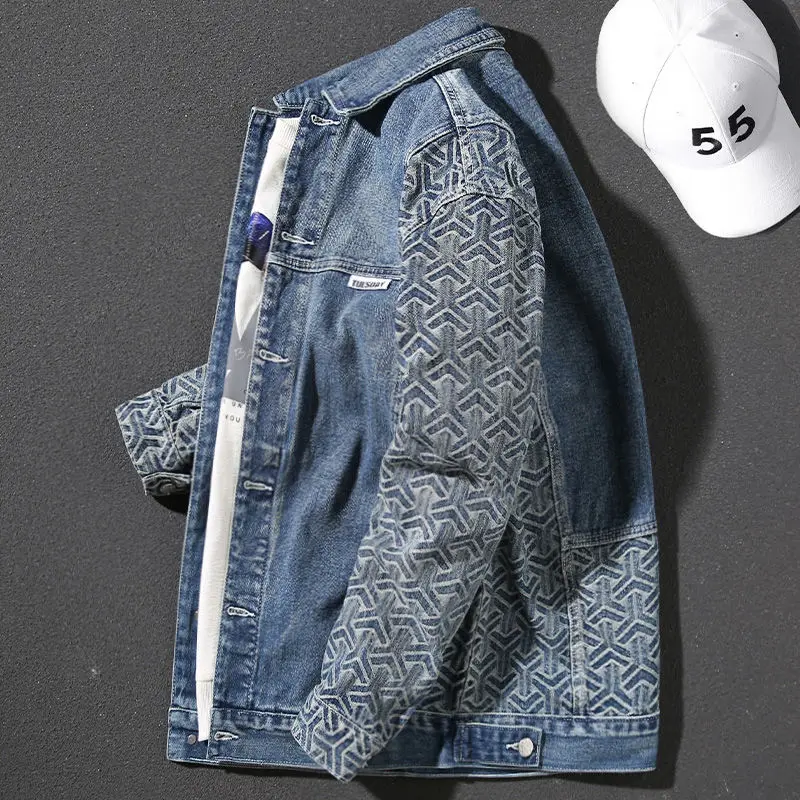 Male Jean Coats Spliced Geometric Autumn Men\'s Denim Jacket Blue Wide Shoulders Clothing G Korea Original Low Price of Fabric