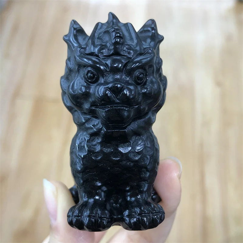 

Natural Black Obsidian Kylin Carving Exquisite Healing Fengshui For Home office Decor Meditation Gift 1pcs