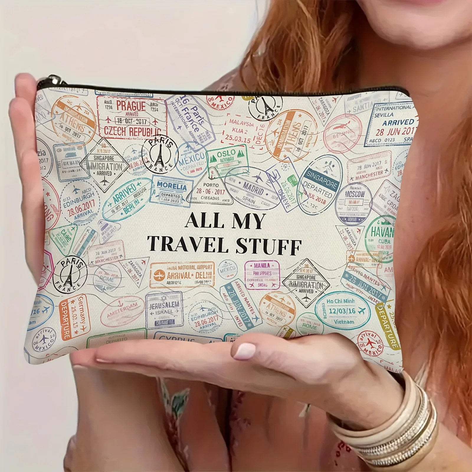 Un sac de maquillage à thème de voyage vintage – jolie pochette multifonctionnelle à fermeture éclair, sac de rangement de bijoux, petit rangement parfait à fermeture éclair pour voyage