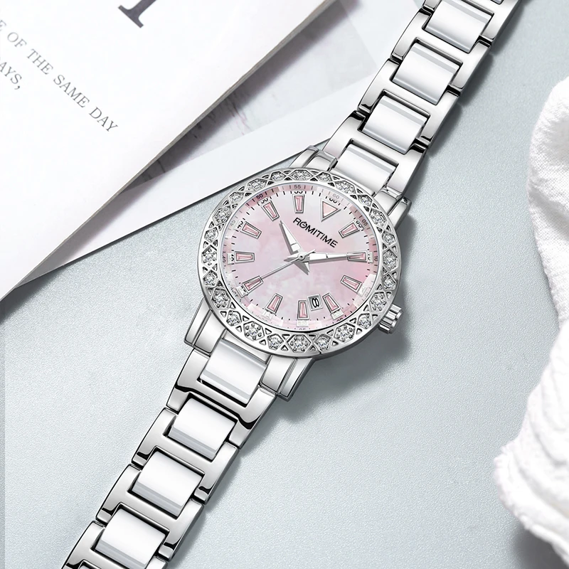 ROMITIME Luxury Women Quartz Watch Mother-of-Pearl Dial Calendar Diamond-set Bezel Leisure Luminous 30M Waterproof Lady Watches
