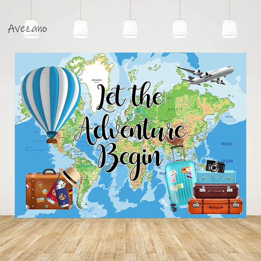 

Avezano Backdrop for Photography Adventure Trunk World Map Travel Airplane Kids Birthday Background Photo Studio Decor Photozone