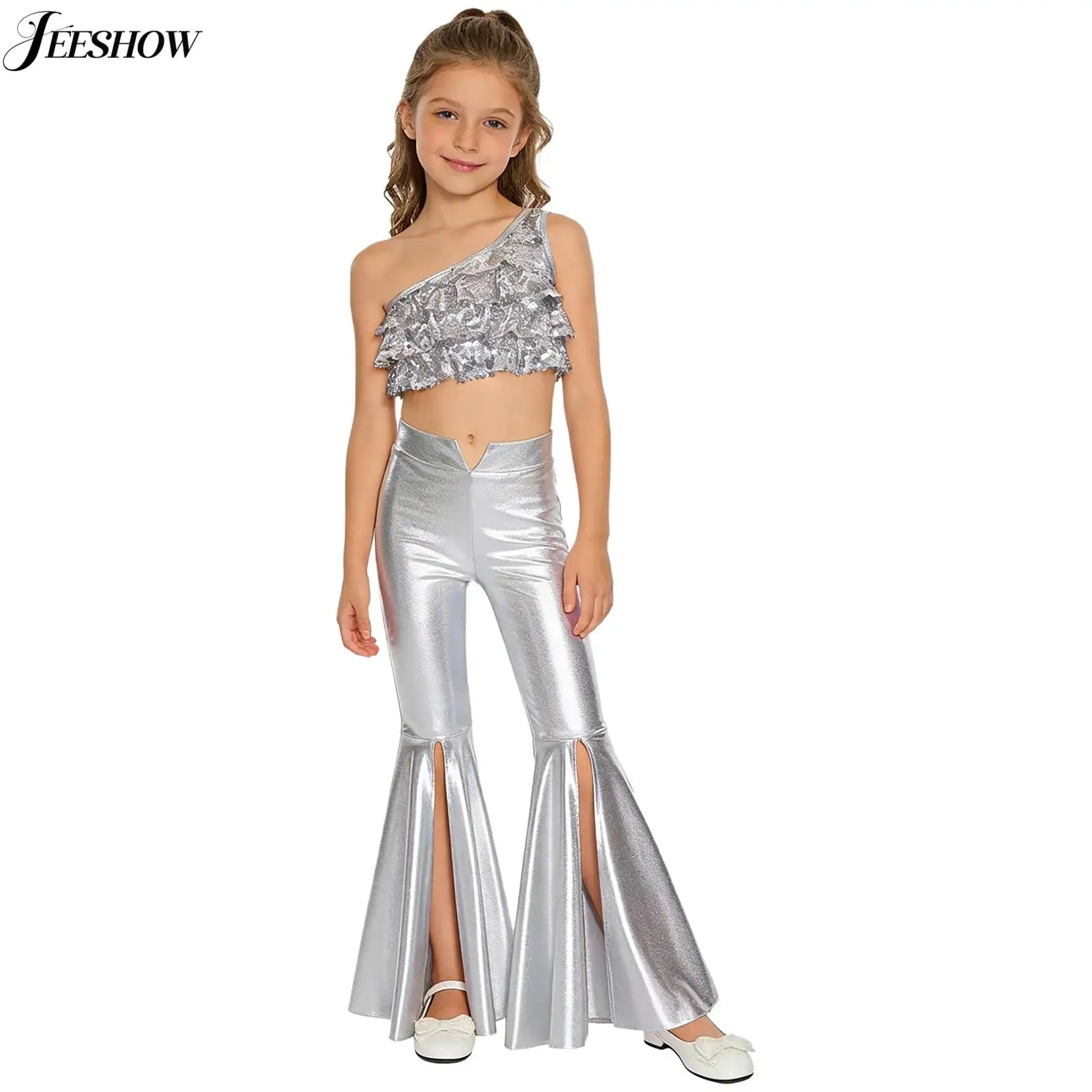 

Детский костюм для джазовых танцев для девочек: блестящий металлический топ на одно плечо с пайетками, многоярусными оборками и расклешенными брюками для выступлений