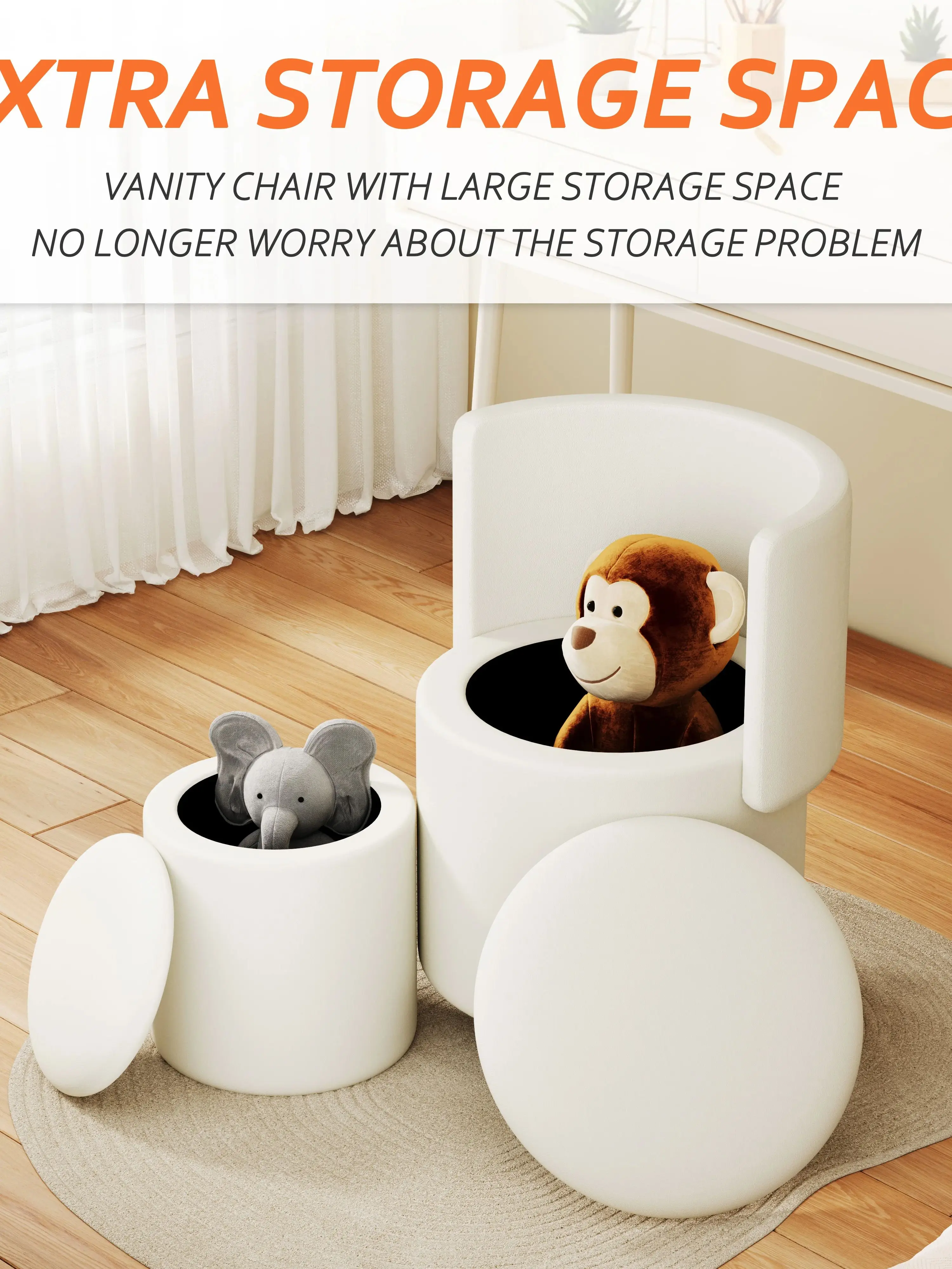 Swivel Round Vanity Chair with Storage, Folding Back Makeup Stool, Small Upholstered Ottoman for Bedroom LivingRoom Office Chair