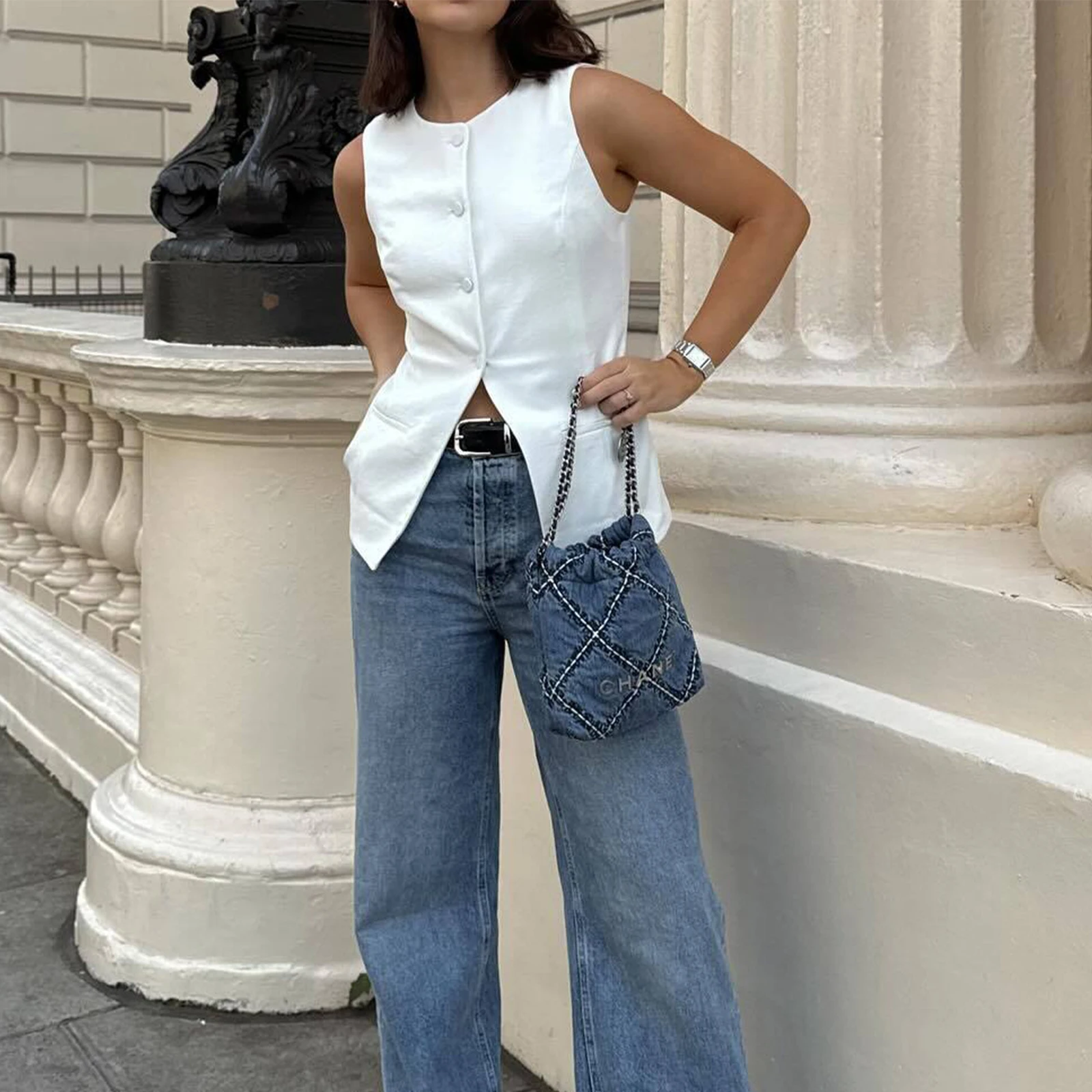 Chaleco con botones para mujer, chaleco sin mangas con cuello redondo, Tops ajustados de Color sólido, traje de vestir