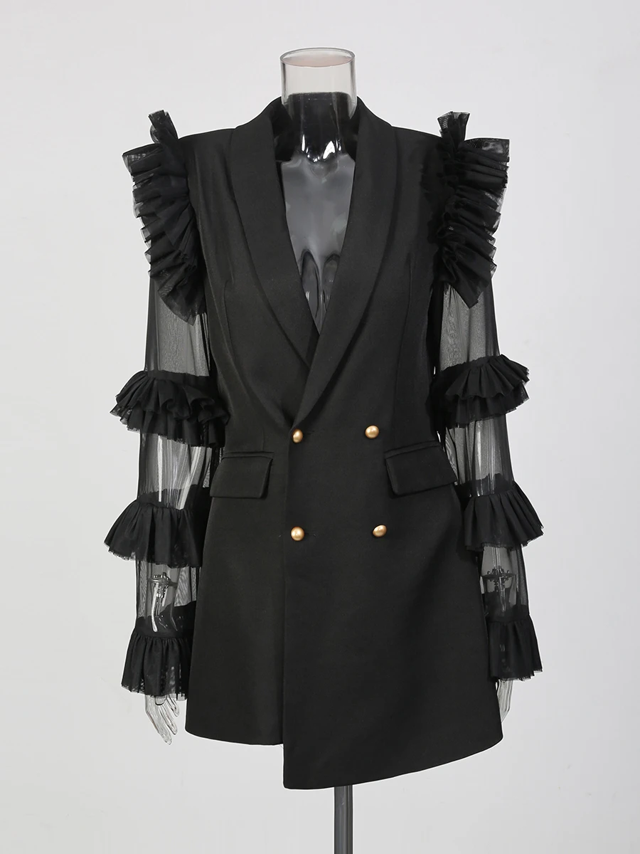 Twotwinstyle moda pura emendado babados dobras blazers para mulheres lapela mangas compridas túnica retalhos botões blazer feminino novo