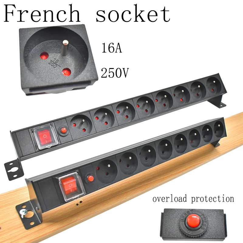 

PDU power strip network cabinet rack 1-9AC French desktop socket with overload protection 1.2/2/3/4/5 meter extension cable