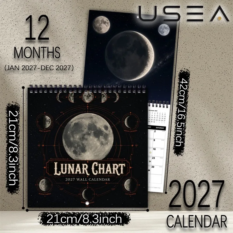 USEA,2027 Lunar Wall Calendar, 12-Month Monthly Planner with Celestial Moon Phases,  US Holidays,  Aesthetic Decor & Gift