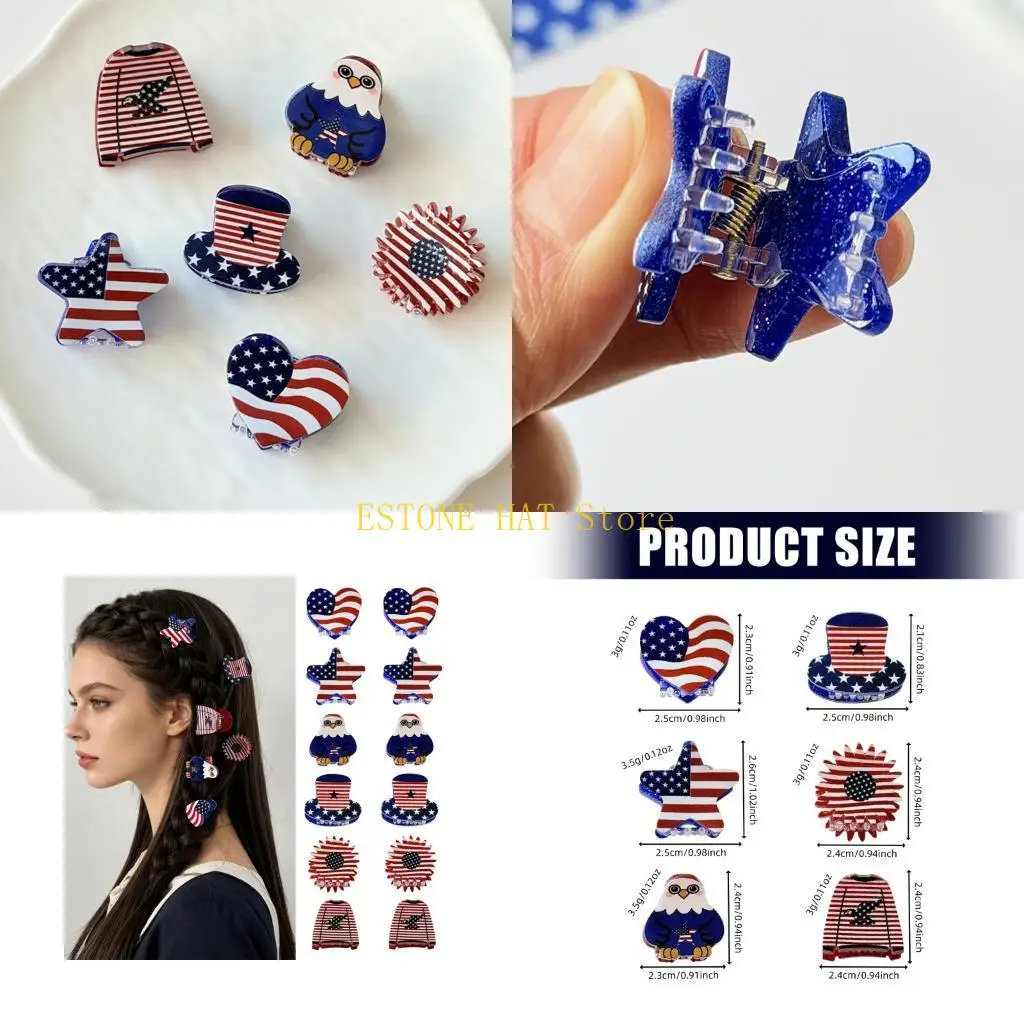 

49MF American Theme Hair Clip 12PCS Acrylic Side Clip Hair Pin For Daily Wear and Independence Day Festival Gathering Wear