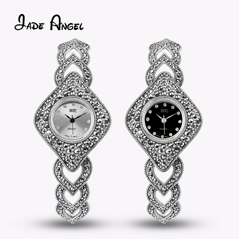 Jade Angel 925 Sterling Silver Marcasite Quartz Wristwatch Vintage Diamond-shaped Dial Watch Bracelet with 13mm Watch Strap