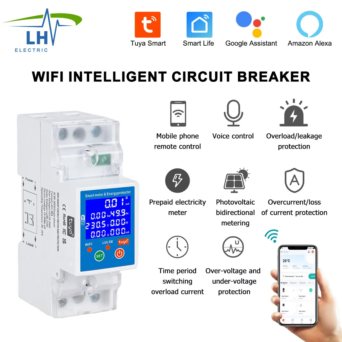 

Интеллектуальный автоматический выключатель Tuya WIFI, фотоэлектрический двунаправленный измерительный прибор, переключение времени, перегрузка, электричество, однофазный