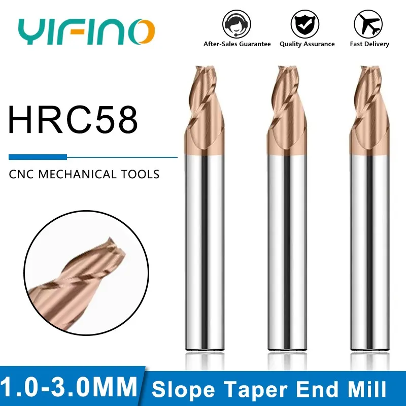 YIFINO Tungsten Steel Carbide Nano Coating 3-Flute Slope Taper End Mill CNC Machining Center Milling Cutter Tools HRC55