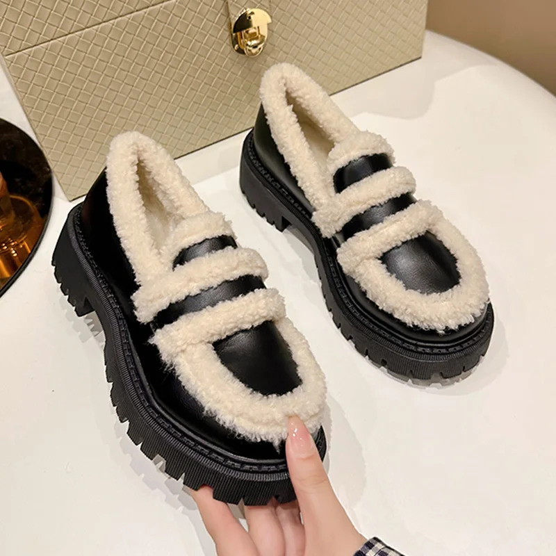 Luxury Shearing Lined Leatherette Loafer With Lug Sole Ladies Winter Warm Plush Slip-on Platform Shoes In Black Brown Plus Size