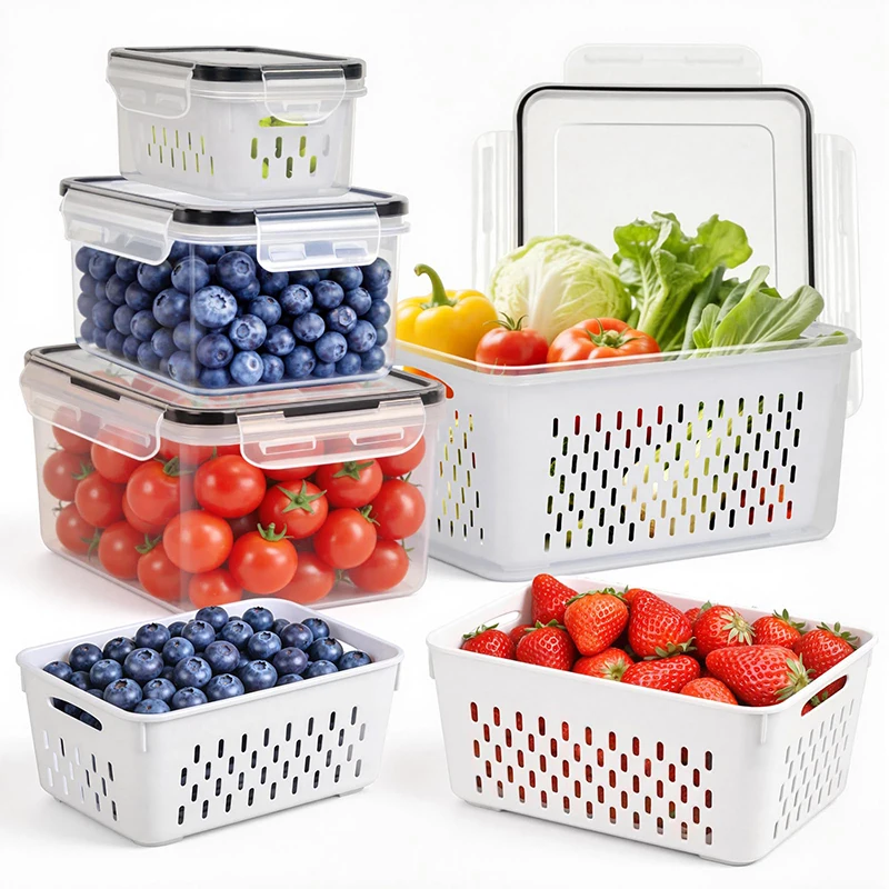 Obst-Aufbewahrungsbehälter für den Kühlschrank, auslaufsichere Behälter für Obst und Gemüse mit herausnehmbarem Sieb, halten Obst länger frisch.