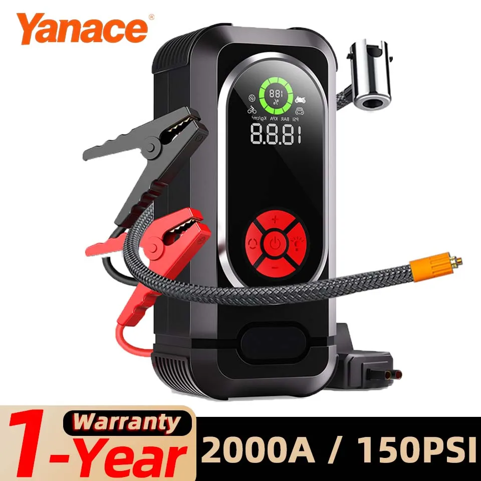 Yanace 2000A Car Jump Starter With Air Compressor 150 PSI Tire Inflator Portable 2 In 1 Charger Car Booster Starting Device