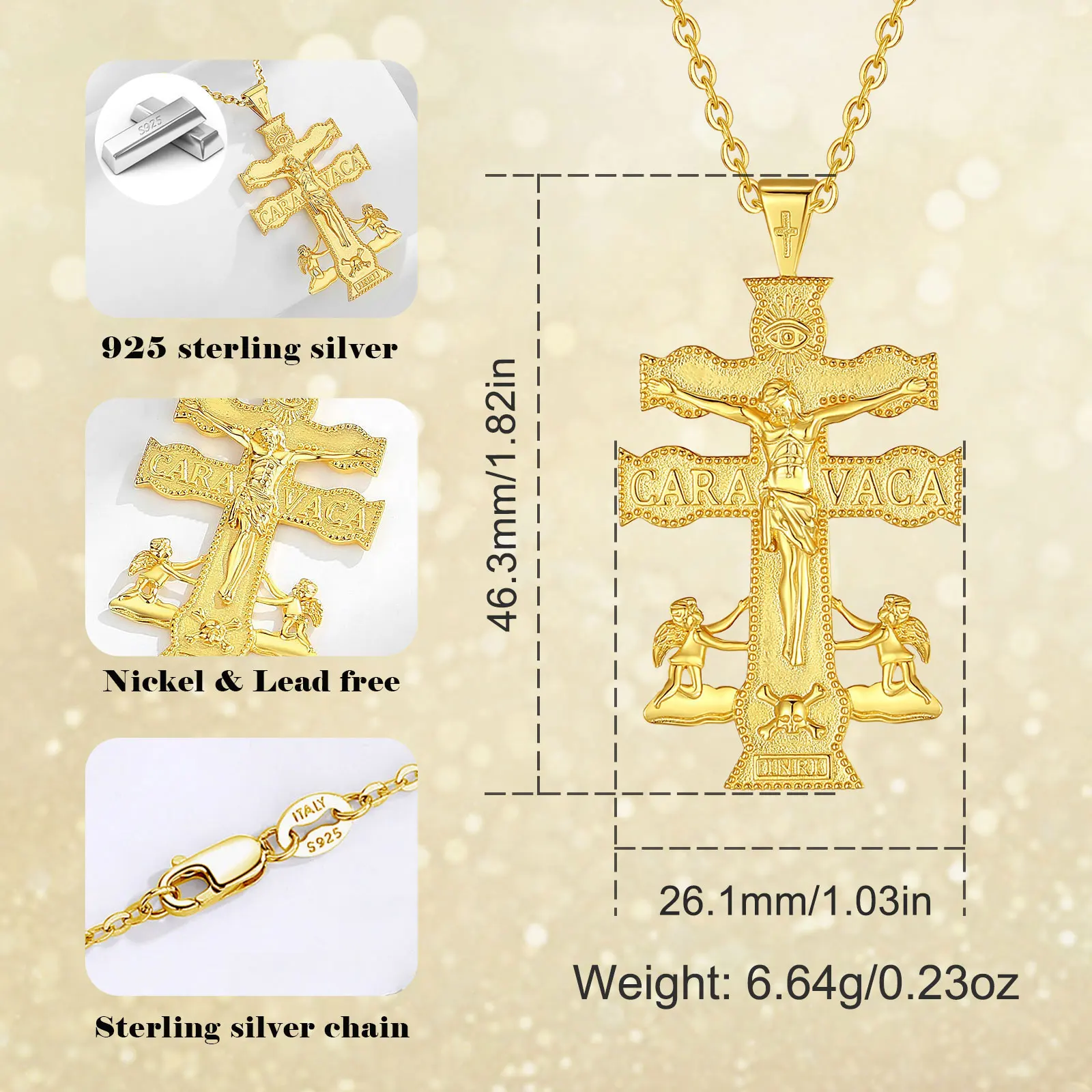 Eudora 925 Sterling Silver Caravaca Cross Jesus Necklace 18K Gold Cross Cherub Skull Pendant Christian Amulet Men Women Jewelry