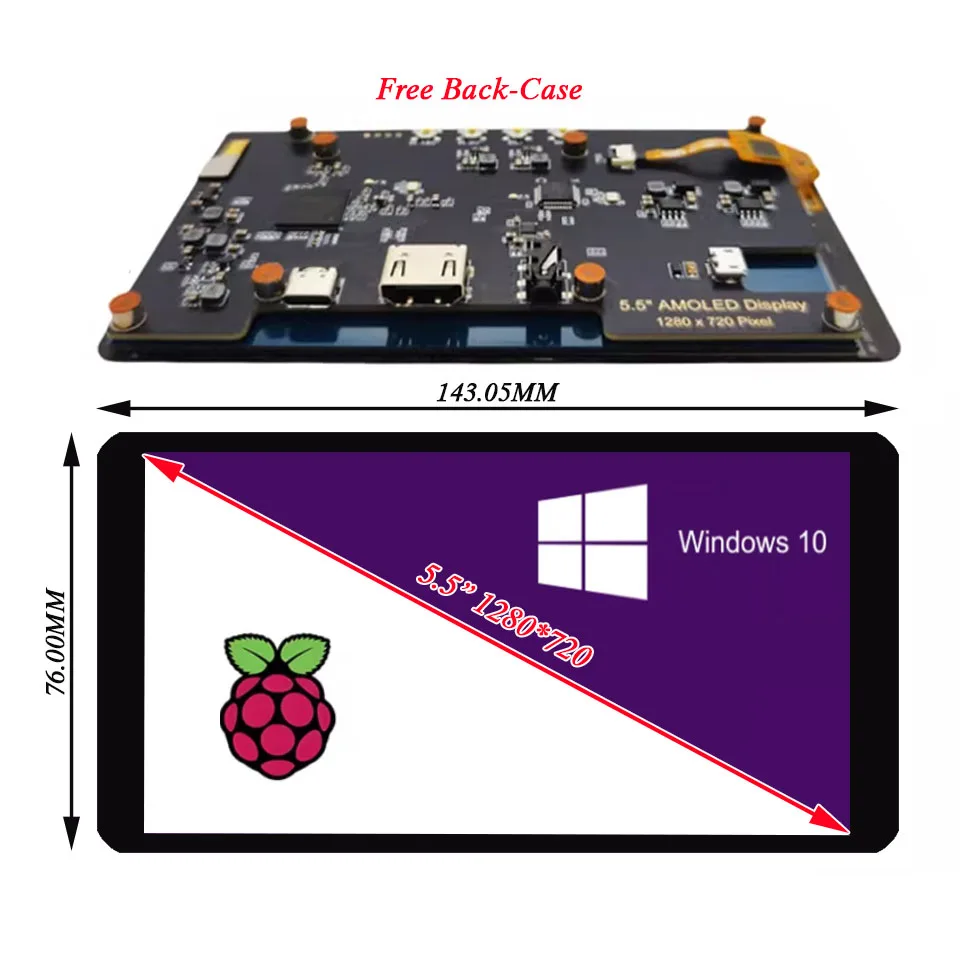 5.5'' inch 1280*720 HDMI-Compatible AMOLED LCD Module Screen Panel Display Monitor for Windows PC Laptop Secondary Raspberry Pi