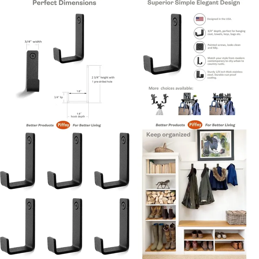 

6 упаковок сверхмощных наружных настенных крючков из нержавеющей стали для подвешивания полотенец, пальто, рюкзака, ключей и других современных индустриальных дизайнов для