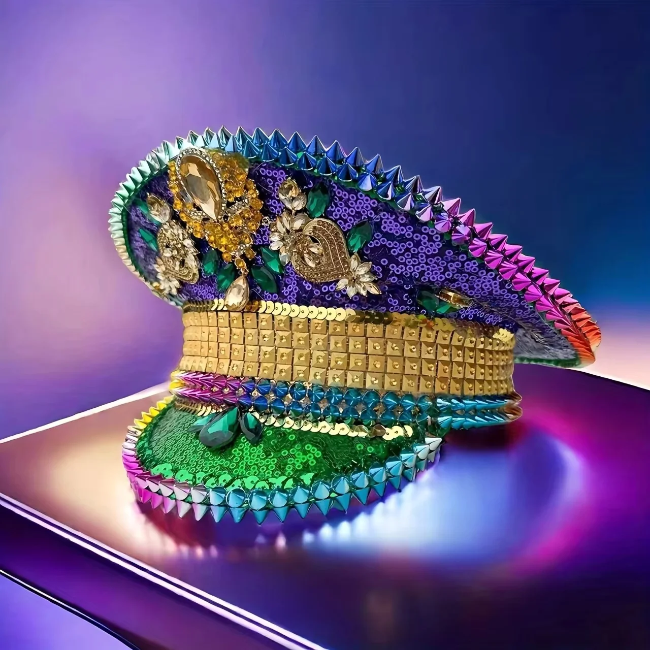 

HongLuan Colourful Luxury Disco Mardi Gras Captain Hat Rhinestone for Carnival, Rave Festivals Accessories & Party Hat Woman