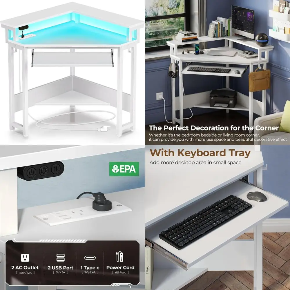 

Compact 44.5W x 34.5H Corner Computer Desk with Power Outlets and LED Lights, Ideal for Gaming