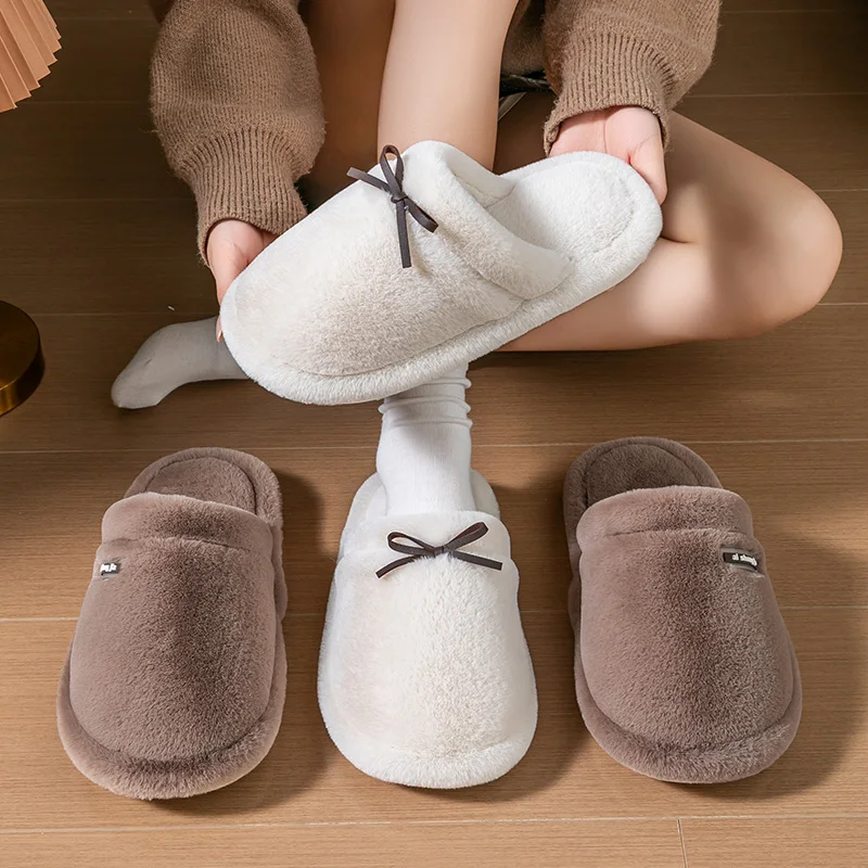 شباشب قطنية على شكل فيونكة للنساء، ملابس خارجية جديدة للخريف/الشتاء بنعال سميكة، شباشب منفوشة حرارية للزوجين في الأماكن المغلقة #3