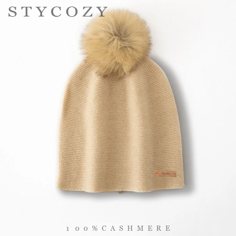 Women 100% Cashmere Fluffy PomPoms Knitted Beanie Leather Tag Soft Thermal Skull Cap Winter Casual Solid Hat for Daily Commute