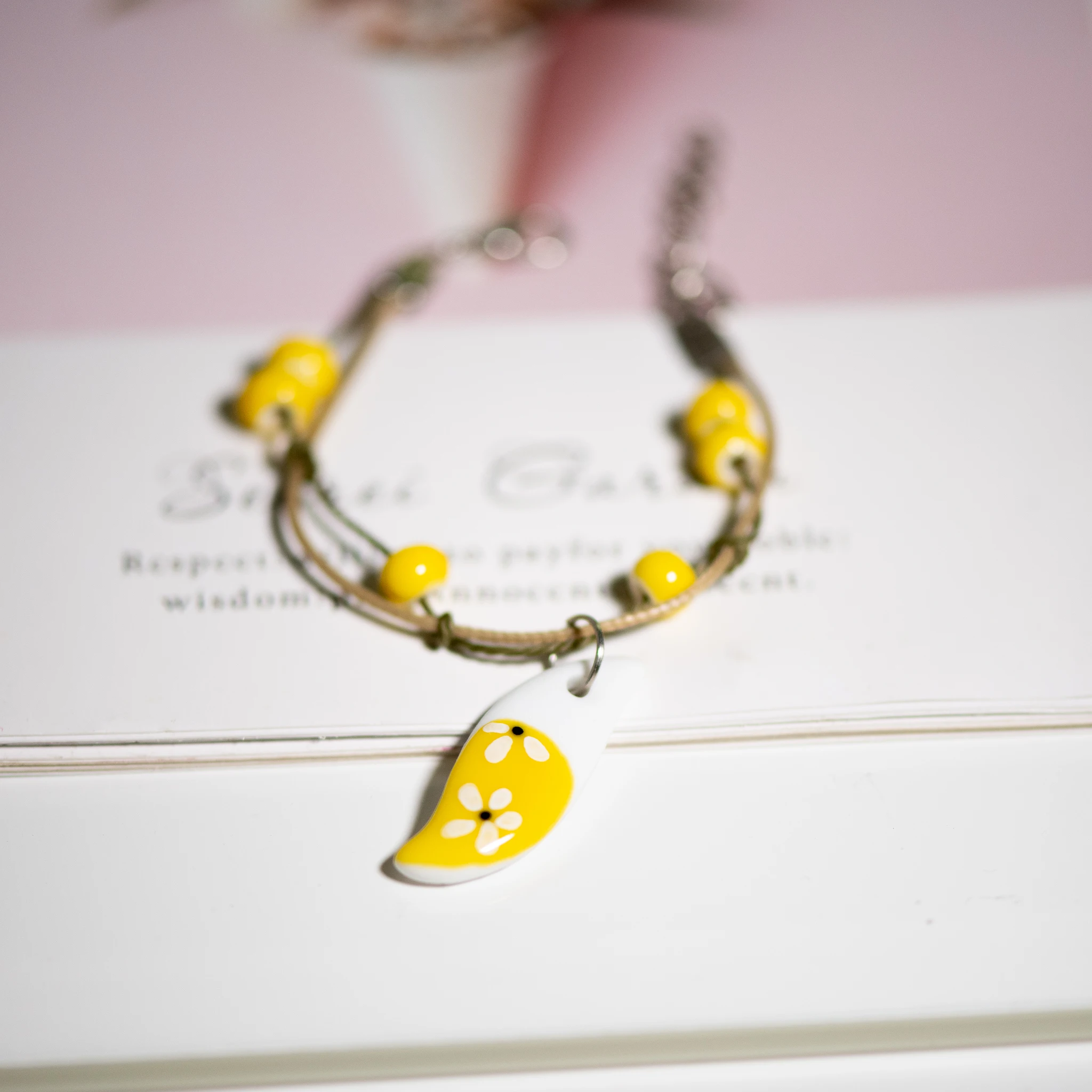 Colorful Flower Ceramic Charm Bracelet Sweet Minimalist Style Adjustable 15+5cm