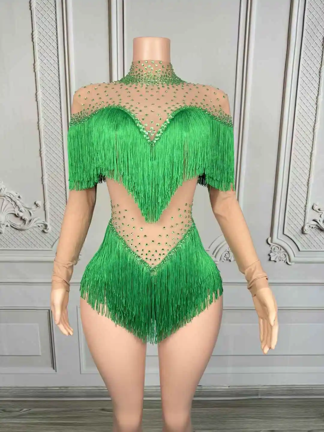 Błyszczący Kombinezon z Dżetami i Frędzlami Damski Seksowny Siateczkowy Kostium na Występy Taneczne Urodziny Imprezę Dancer Klub Nocny Scena