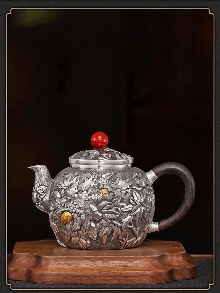 Pure Silver 99.9% Tea Pot Rich and Noble Peony Pure Handmade Carving Gift High end Silver Tea Set Pure Silver Pot