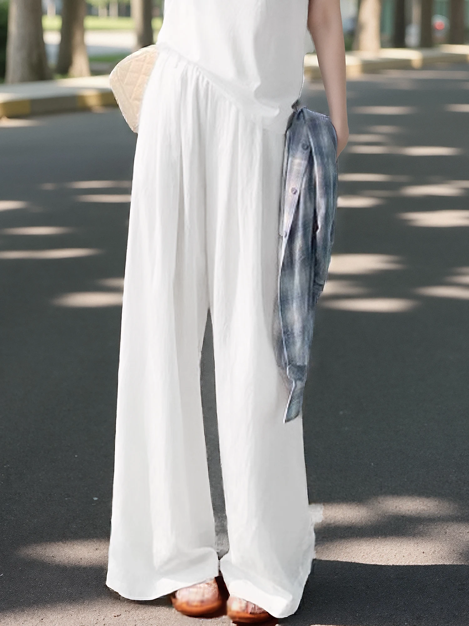 

Chivirin Dacron High Waist Wide Leg Casual Pants Women's Long Trousers Summer New Sle White Color Versatile Casual Pants