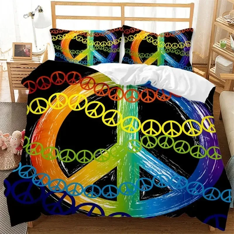

3D Hippie Peace Symbol Duvet Cover Soft Colorful Pattern Bedding Set Chic Exotic Flower Comforter Cover King Full For Boys Girls