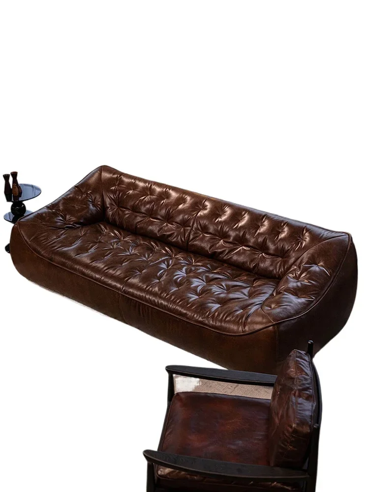 

American retro bean bag sofa small unit French style straight pull buckle oil wax genuine leather sofa, antique style designer
