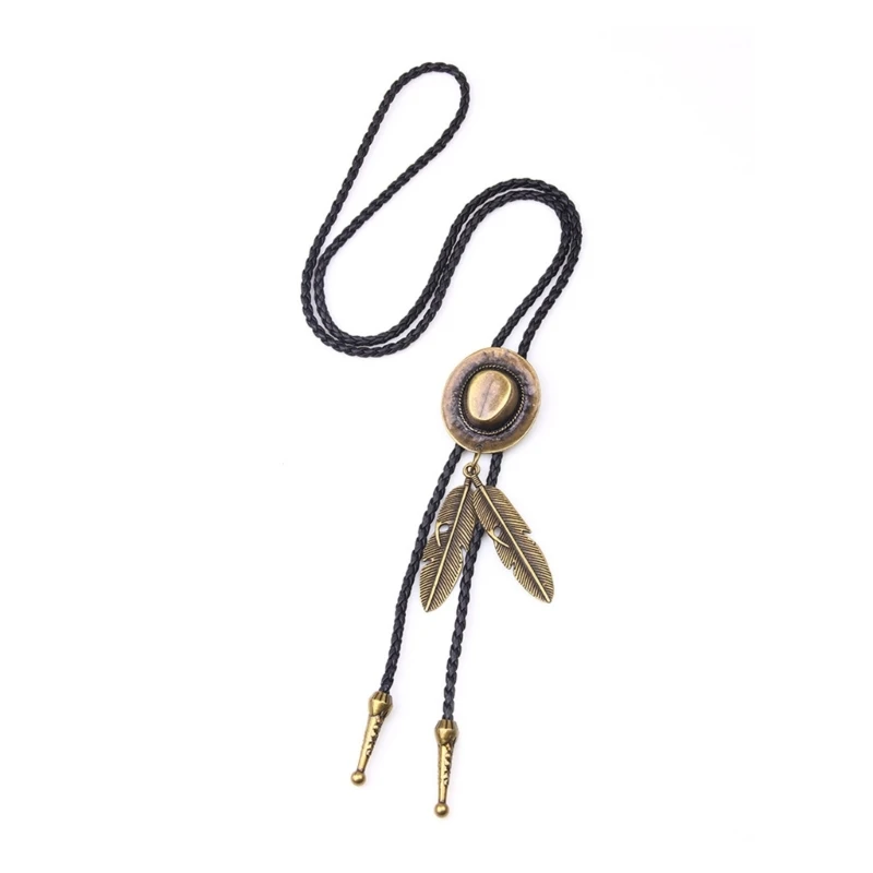 Braided Shoestring Bolo Tie with Metal Jazz Hat Feather Cowboy Necktie Necklace Country Style Bolo Tie Cowboy DropShip